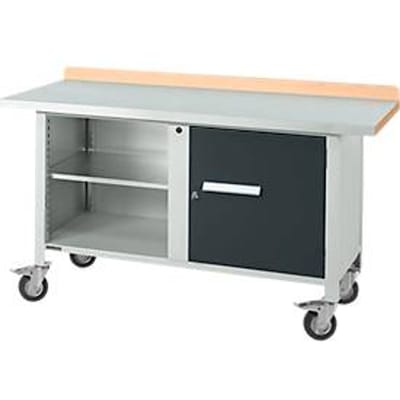 Verrijdbare werkbank Schäfer Shop Select PWi 150-1, beuken decor multiplex blad, met stalen afdekking, tot 400 kg, B 1500 x D 700 x H 840 mm