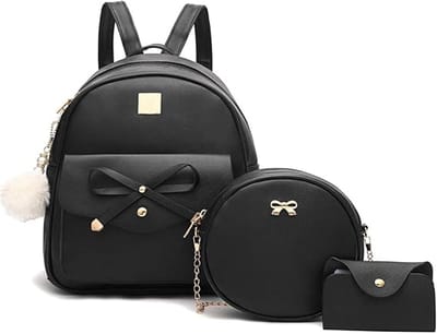 KZQ Mini rugzakset 3 stuks voor dames - PU leren tas met strikje en opbergvak voor telefoon pasjes - Cute casual daypack voor reizen feestjes en dagelijks gebruik - Zwart