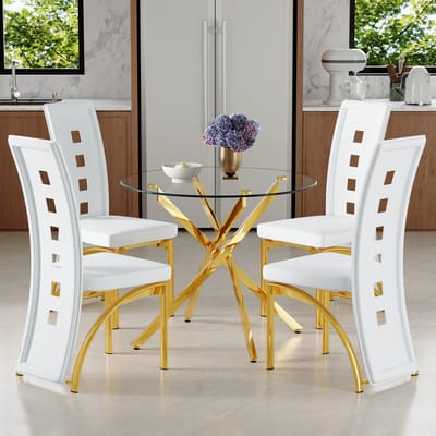 Set Tafel En Stoelen - Ronde Eettafel Met 4 Stoelen - Gehard Glas En Geometrische Rugleuning - Voor Eethoek En Keuken - Wit Goud