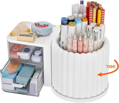 Pennenhouder - Met Schuiflade en Draaiende - Desk Organizer - Multifunctionele Pennenhouder - Bureau Organizer- Pennenbak - kantoorbenodigdheden - Bureau Accessoires - Desk - Studenten - Voor bureau school,kantooromgeving en thuis - Wit