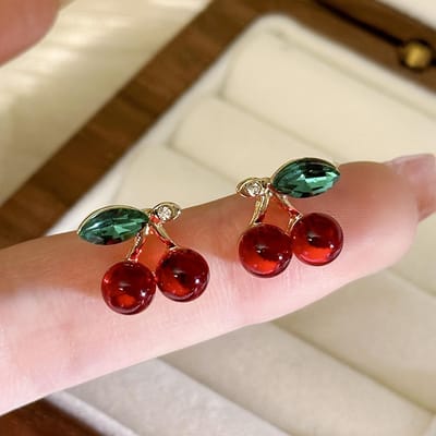 1 Paar Vintage Stijl Kers Stud Oorbellen, Zinklegering met Rode Simulatie Edelsteen, Elegant Fruit Ontwerp, voor Dagelijks Gebruik brown