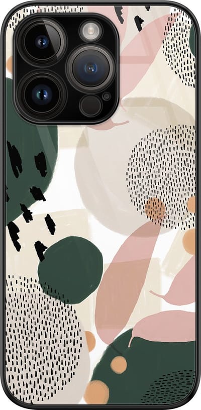 Hoesje geschikt voor iPhone 14 Pro - Abstract print - Luxe Glazen Hardcase - Hippe print - Beige - Leuke Telefoonhoesjes