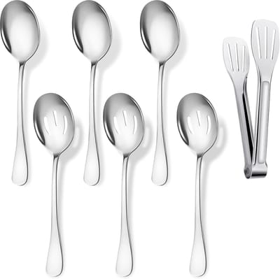 7-delige serveerlepelset 22 cm, 3 grote serveerlepels, 3 sleuflepels en 1 keukentang roestvrij staal 18,5 cm, roestvrij staal buffet banketlepel, grote soeplepel gebruiksvoorwerpen bestekset