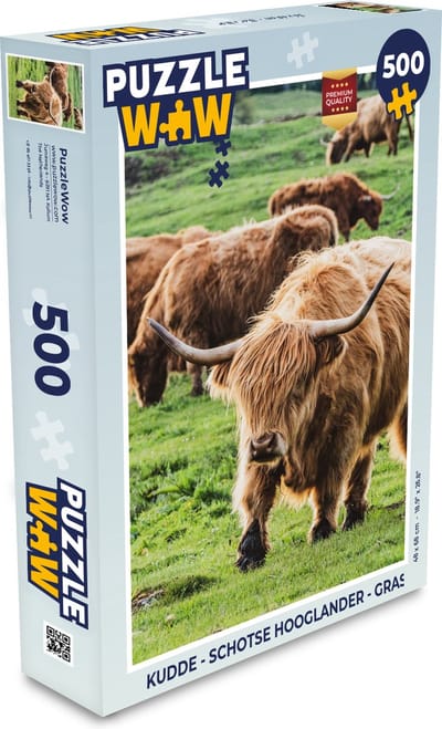 Puzzel Kudde - Schotse hooglander - Gras - Legpuzzel - Puzzel 500 stukjes