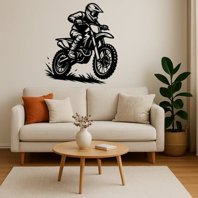 Motorcrosser Wanddecoratie Hout – Motocross Muurkunst Groot – Lasergesneden Dirtbike Design – Stoer Cadeau voor Motorliefhebber – Garage & Mancave Decoratie – 75 cm Breed