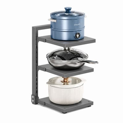 Luxaliving Keukenrek 3 Lagen – Verstelbaar Opbergrek – Kast Organizer – Grijs Metaal – Geschikt als Pannenrek – Ruimtebesparend – 40,5 x 26,5 x 23 cm