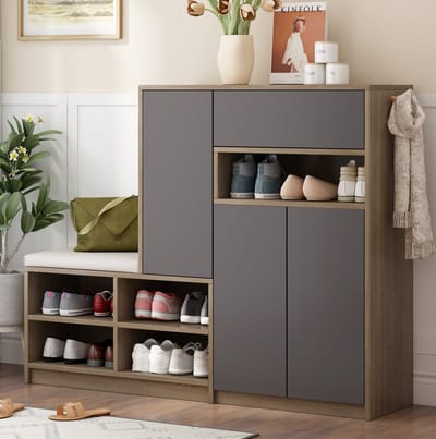 Wishdor - Schoenenkast - met gevoerde zitting en verstelbare planken - moderne opbergbank voor hal en entree - houtlook - grijs - 140 x 35 x 110 cm