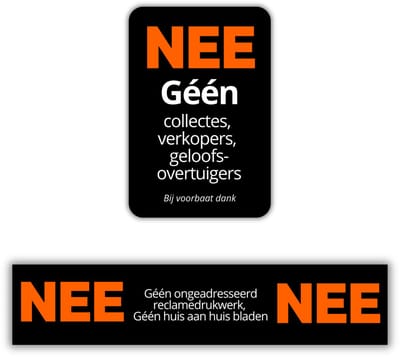 Nee Nee Brievenbus Sticker + Geen Collectes en Verkopers Sticker - Complete Voordeur Set van 2 stuks - UV en Waterproof - 14x3cm en 5x7.5cm