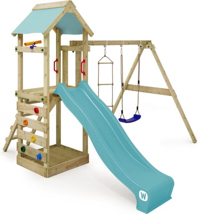 Wickey FreeFlyer Speeltoestel - Schommel met Glijbaan en Touwladder - Klimwand & Zandbak - 295x340x260 cm - Pastelblauw
