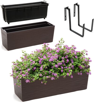 KADAX Bloembak van kunststof, 18,5 x 56 cm, plantenbak met inzet, weerbestendige balkonbak, rechthoekige bloembak, bloempot voor buiten, met houders, gekerfd patroon, mokka