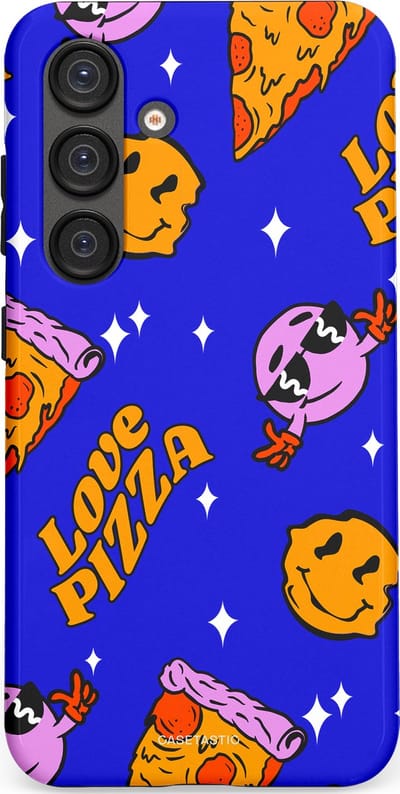 Casetastic hoesje geschikt voor Samsung Galaxy S25 - Dubbellaagse bescherming - Funky Pizza - Fashion Case - Paars Okergeel Donkerblauw Bruin
