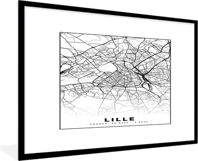 Fotolijst incl. Poster Zwart Wit- Plattegrond - Lille - Kaart - Frankrijk - Stadskaart - Zwart wit - 120x80 cm - Posterlijst