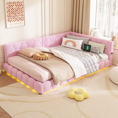 MEUNIQ slaapbank daybed 140x200 cm met lattenbodem, 16-kleuren LED-verlichting, USB en Type-C, zonder matras, bed voor slaapkamer of woonkamer, roze