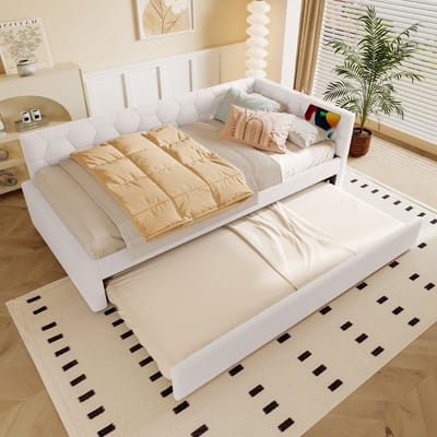 REDOM Bedbank 90x200 cm van fluweel/MDF – Met uitschuifbed, USB/Type-C en nachtlampje – Wit