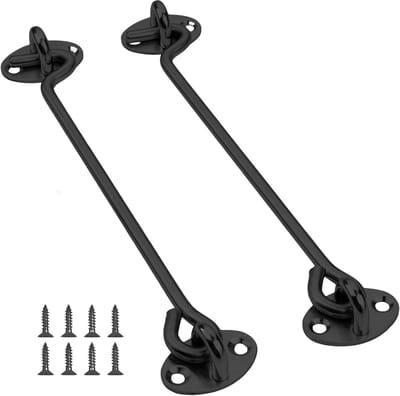Set van 2 Rvs Stormhaken met Oogjes, 250mm Deurslot Haken, Ideaal voor Tuin en Schutting, Inclusief 8 Schroeven