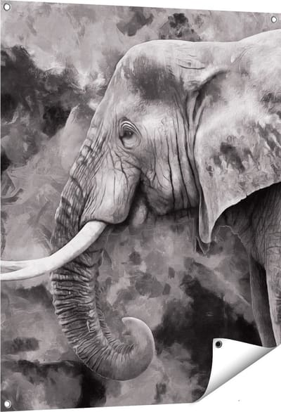 Gards Tuinposter Olifant - Abstract - Zwart Wit - 80x100 cm - Tuindoek - Tuindecoratie - Wanddecoratie buiten - Tuinschilderij