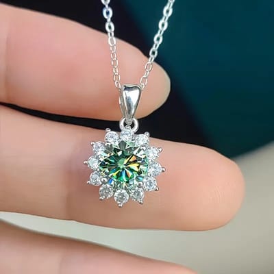 925 Sterling Zilveren Ketting met Sneeuwvlok Hanger – Moissaniet – Blauw-Groene Steen