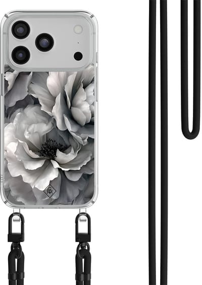Casimoda® hoesje met zwart koord - Geschikt voor iPhone 17 Pro Max - Pioenroos - Afneembaar koord - TPU/polycarbonaat - Grijs