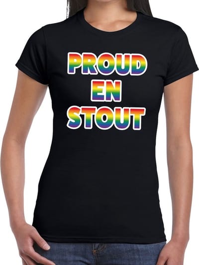 Proud en stout gaypride t-shirt zwart met regenboog tekst voor dames - Gay pride/LGBT kleding XS