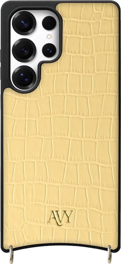 AVY Leren Hoesje geschikt voor Samsung Galaxy S25 Ultra | Compatibel met MagSafe | Leather Case | Back Cover | Haakjes voor koord | Croco Geel