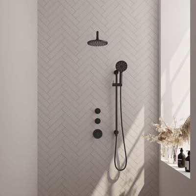 Brauer Black Edition thermostatische inbouw regendouche SET 21 met 20 cm douchekop en gebogen muurarm en 3-standen handdouche en doucheslang en geïntegreerde glijstang mat zwart