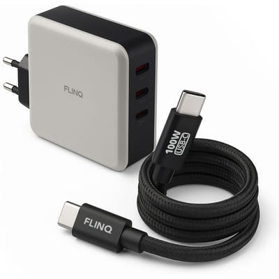 FlinQ USB C naar USB C Oplaadkabel 100W + Adapter 100W - Snellader voor Telefoon, Laptop & Tablet - Zowel Datakabel als Oplader - 2 Meter Lange Nylon Oplaadkabel