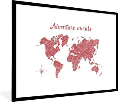Poster in lijst - Fotolijst 80x60 cm - Posters - Wereldkaart - Rood - Wit - Posterlijst zwart - Decoratie - Wanddecoratie woonkamer - Muurdecoratie slaapkamer