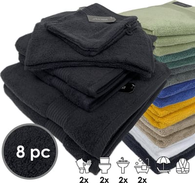 iSleep Terry Badtextiel - Voordeelset (8 delig) - 2x Washandje 16x22 cm - 2x Gastendoekje 30x50 cm - 2x Handdoek 60x110 cm - 2x Badlaken 70x140 cm - Zwart