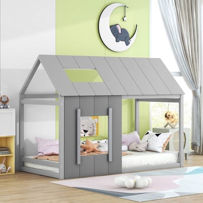 Wishdor Kinderbed 90x200 cm – Huisvorm met Dak & Raam – Grenenhout/MDF Grijs – Speels Kinderbed