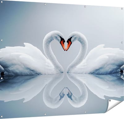 Gards Tuinposter Twee Zwanen in een Hart Vorm - 150x120 cm - Tuindoek - Tuindecoratie - Wanddecoratie buiten - Tuinschilderij