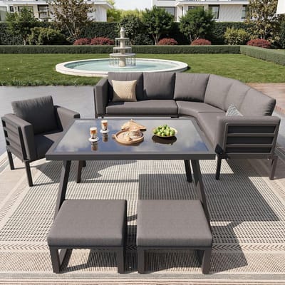 Halve Maan Loungeset Tuin 8 Personen 5-Delig met Glazen Tafel, Stoel en Krukken – Weerbestendige IJzeren Tuinset met 8 cm Dikke Kussens Grijs – Laura