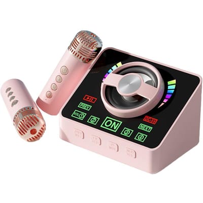 Karaoke Machine Mini Draadloze Microfoon en Luidspreker KTV Set met 2 Microfoons RGB Lichteffecten roze