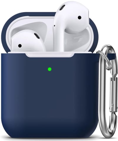 Hoesje Geschikt voor Apple AirPods 1 & 2 - Donker Blauw - Casemania Liquid Siliconen Bescherm Hoes met Bevestigingslus & Karambijnhaak