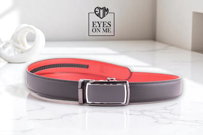 Zwart + rood lederen riem zonder gaatjes met automatische gesp voor heren ( model L031 )