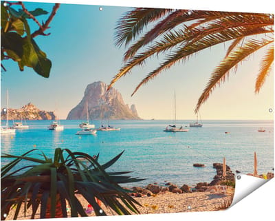 Gards Tuinposter Ibiza Cala d'Hort Strand - 150x100 cm - Tuindoek - Tuindecoratie - Wanddecoratie buiten - Tuinschilderij