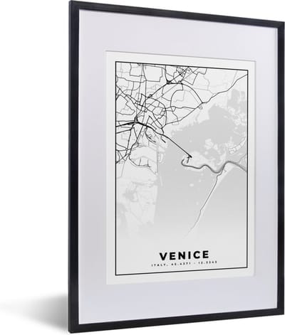 Fotolijst incl. Poster Zwart Wit- Venetië - Plattegrond- Stadskaart - Zwart Wit - Kaart - 30x40 cm - Posterlijst