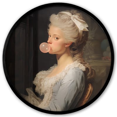 Poster in lijst Rond - Fotolijst 40x40 cm - Posters - Vrouw - Barokjurk - Kauwgom - Ronde posterlijst zwart - Decoratie - Wanddecoratie woonkamer - Muurdecoratie slaapkamer