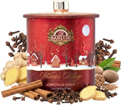 BASILUR Christmas Night KERST zwarte THEE BLADTHEE, kaneel, kruidnagel, gember, in een METALEN CADEAUDOOS 100 g
