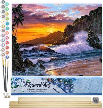 Figured'Art Schilderen op Nummer Volwassenen canvas Klif en golven - Handwerk acrylverf Kit DIY Compleet - 40x50cm met DIY houten lijst