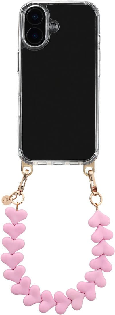 Selencia Transparant Hoesje met Haakjes inclusief Hartjes Polskoord - Geschikt voor Apple iPhone 16 - Cotton Candy