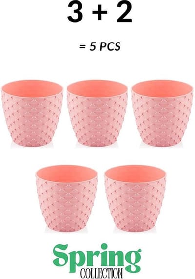 3+2 - Bloempotten - rond - roos met afwatering en wateropvang - 5 ronde roze sierpotten