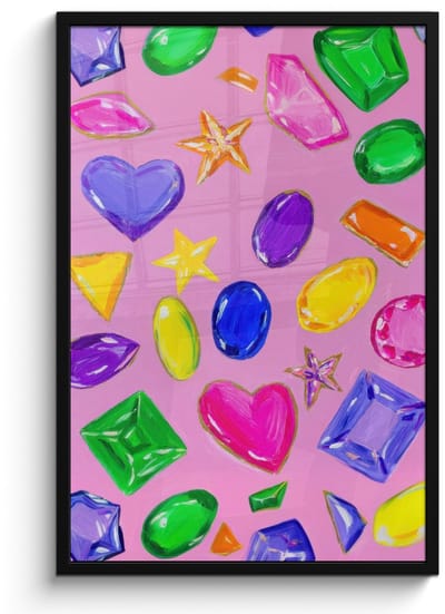Poster in lijst - Fotolijst 60x90 cm - Posters - Edelstenen - Vormen - Hartje - Kleurrijk - Posterlijst zwart - Decoratie - Wanddecoratie woonkamer - Muurdecoratie slaapkamer