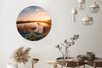 WallCircle - Wandcirkel - Muurcirkel - Zonsondergang in de Nederlandse polder - Aluminium - Dibond - 90x90 cm - Binnen en Buiten