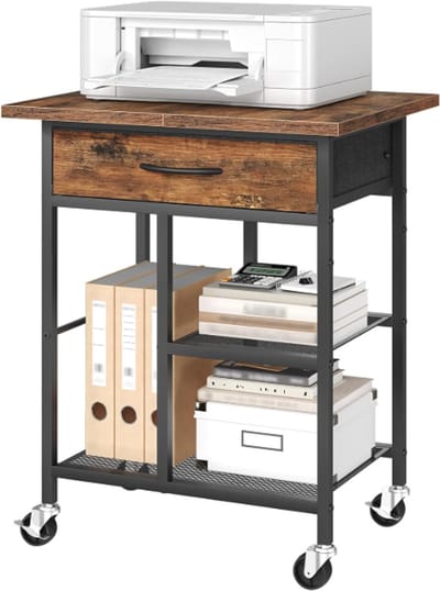 Printertafel met Lade en Wielen - Verrijdbare Printerstandaard met 4 Niveaus - Opbergkast voor Printer, Scanner en Kantoorartikelen - Industrieel Printerrek Metaal en Hout - Printerwagen voor Kantoor, Thuiswerkplek en Studie