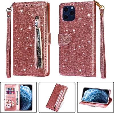Bookcase Geschikt voor: iPhone 12 Mini Glitter met rits - hoesje - portemonneehoesje - Rosegoud