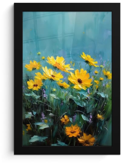 Poster in lijst - Fotolijst 20x30 cm - Posters - Penseelstreken - Bloemen - Felgeel - Abstract - Posterlijst zwart - Decoratie - Wanddecoratie woonkamer - Muurdecoratie slaapkamer