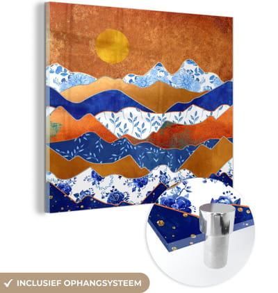 MuchoWow® Glasschilderij 50x50 cm - Schilderij acrylglas - Goud - Delfts Blauw - Patronen - Foto op glas - Schilderijen