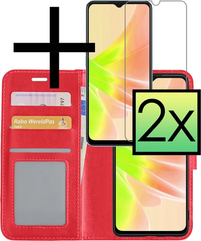 Hoesje - Met 2x Screenprotector - Geschikt voor OPPO A17 - Luxe Pasjeshouder - Bookcase Portemonee - Flip Case - Kunstleer Book Case - Flipcase Hoes - Book Cover - Walletcase - Portemonneehoes - Rood