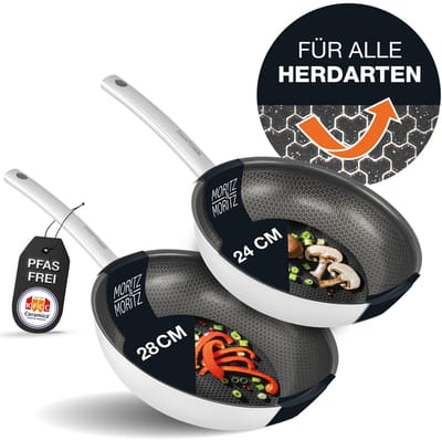 Moritz & Moritz Roestvrijstalen Koekenpannen Set - 24 & 28 cm - Geschikt voor alle Warmtebronnen – Keramische Antiaanbaklaag en Honingraatstructuur voor Koken, Bakken en Smoren