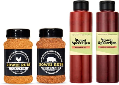 Rowei Specerijen - BBQ Pakket 2 - Cadeau pakket - Chicken Rub - Pulled Pork Rub - Kipkruiden - Kruiden voor varkensvlees- Vlees marinade- Kip marinade - BBQ Kruiden - BBQ Marinades - Oliemarinades